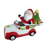 Carrinho do Papai Noel em cerâmica com tampa removível, ideal para armazenar doces, chocolates e pequenos itens natalinos.