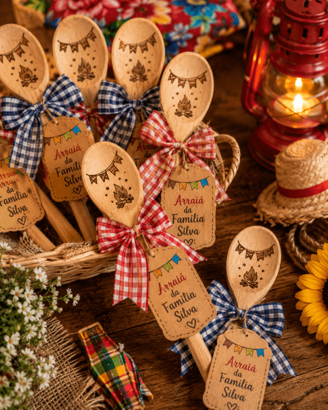 Colheres de pau personalizadas, mini doces embalados, tags temáticas e laços rústicos organizados sobre uma mesa de madeira.