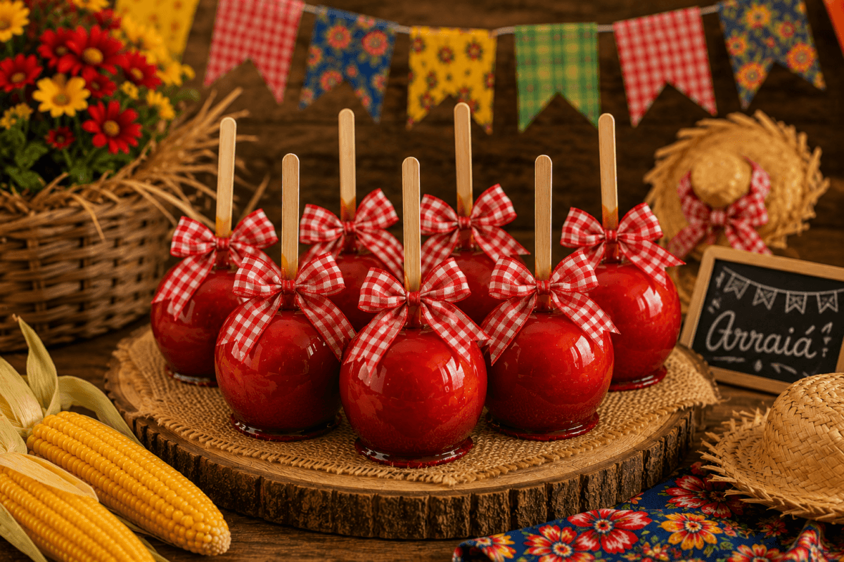 Maçãs do amor cobertas com brigadeiro branco e finalizadas com caramelo brilhante, organizadas em uma mesa junina elegante com bandeirinhas e flores de chita. 