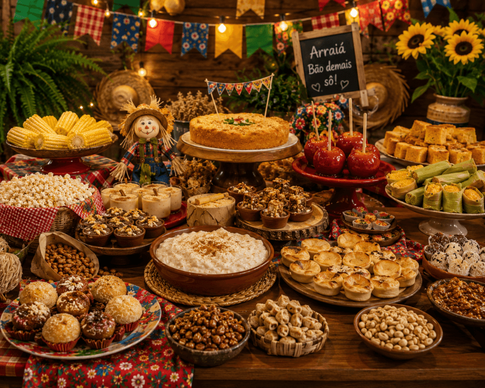 Mesa repleta de canjica, curau, pipoca, bolos, paçoca, milho cozido e doces gourmet, organizada com suportes de diferentes alturas e decoração rústica elegante.