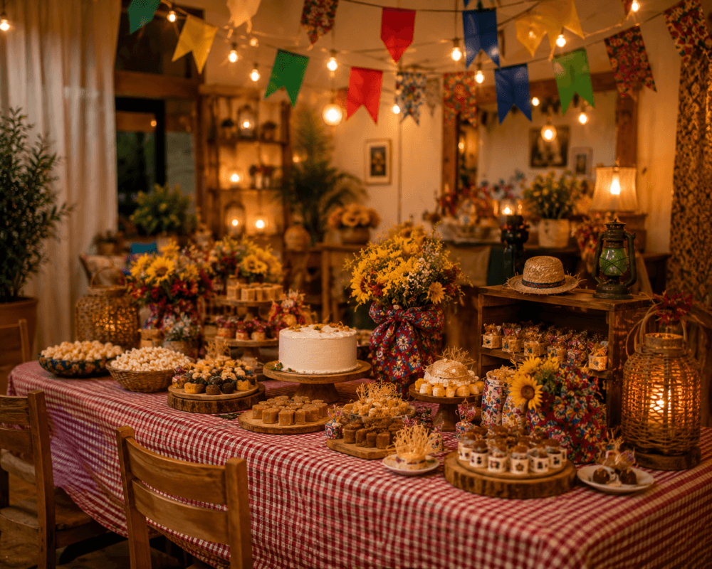 Mesa com toalha xadrez, doces típicos, flores de chita, cordões de luz e elementos rústicos, perfeita para inspirar uma festa junina elegante.