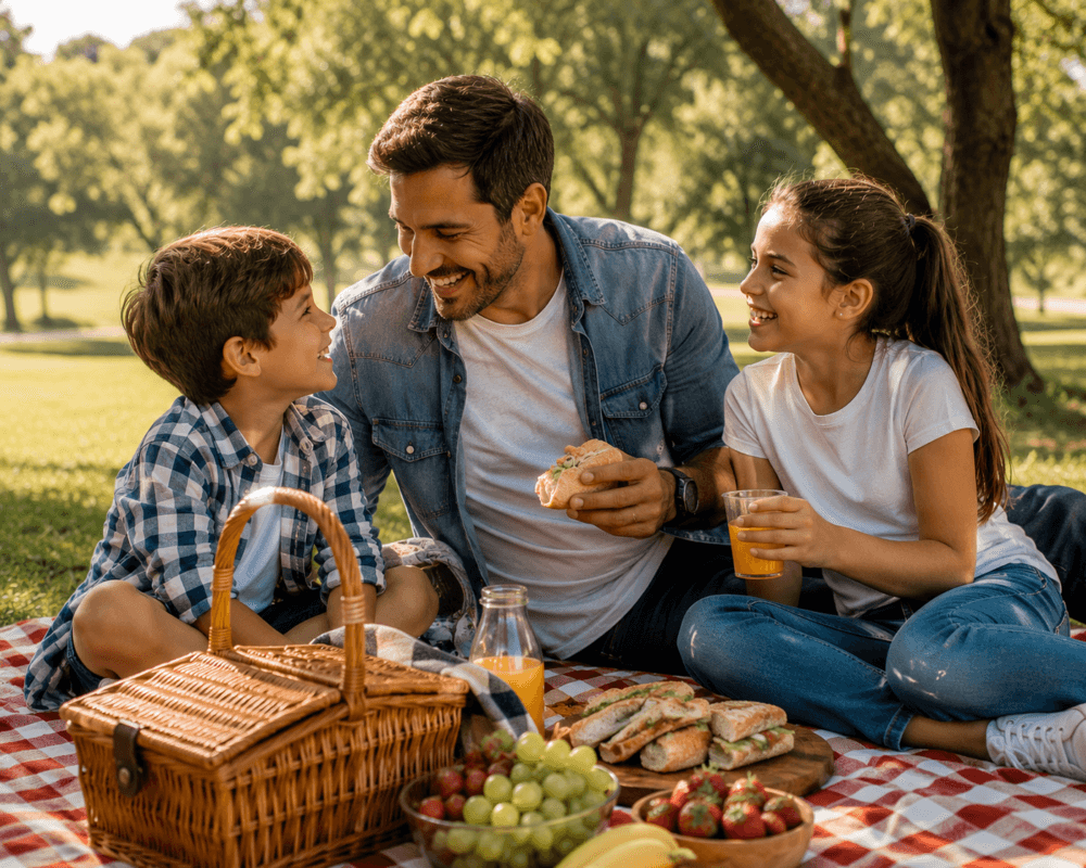 Pai e filhos sorrindo durante um piquenique em um parque, com cesta de alimentos, manta xadrez e clima descontraído, transmitindo união e afeto