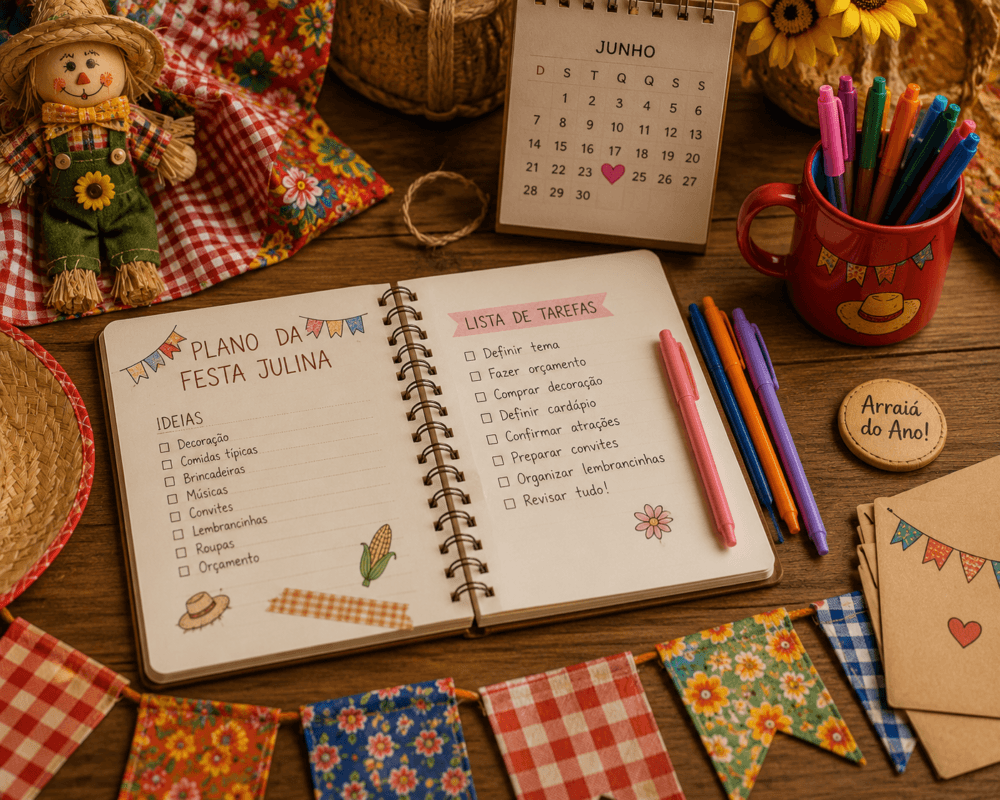 Caderno de planejamento aberto sobre uma mesa de madeira com calendário, lista de tarefas, tecidos xadrez, bandeirinhas, canetas coloridas e elementos típicos de festa julina.