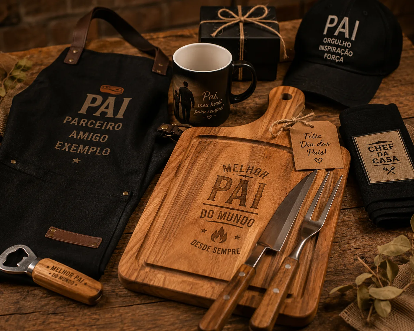 Kit contendo tábua de churrasco gravada, avental, caneca personalizada e acessórios organizados sobre uma mesa de madeira rústica. Fotografia profissional estilo Pinterest.