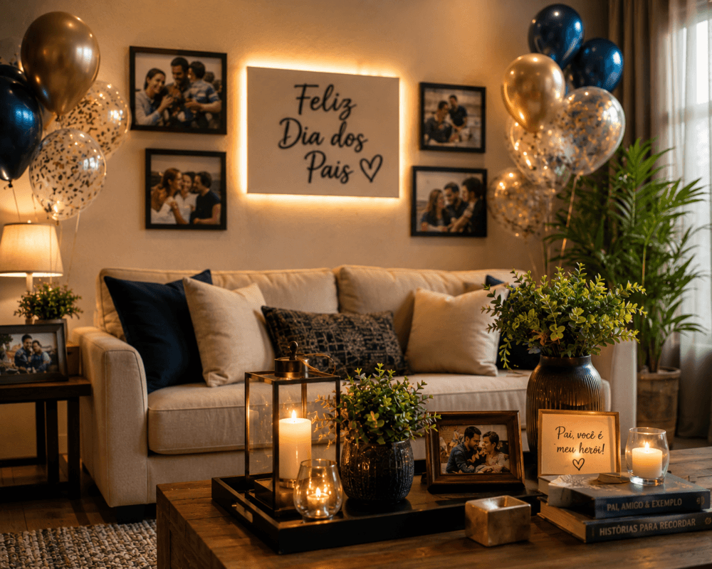 Sala de estar aconchegante com porta-retratos, balões discretos em azul e dourado, velas decorativas e uma mesa de centro preparada para a comemoração do Dia dos Pais.