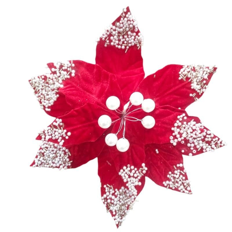 Flor de Natal Poinsétia na cor vermelho vinho marsala em veludo, ideal para decorar árvores, guirlandas e arranjos natalinos sofisticados.
