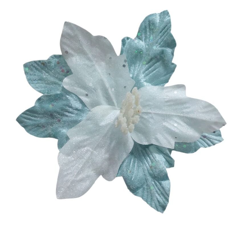 Flor de Natal Azul Poinsétia em veludo com acabamento sofisticado para decorar árvores, guirlandas e arranjos natalinos.