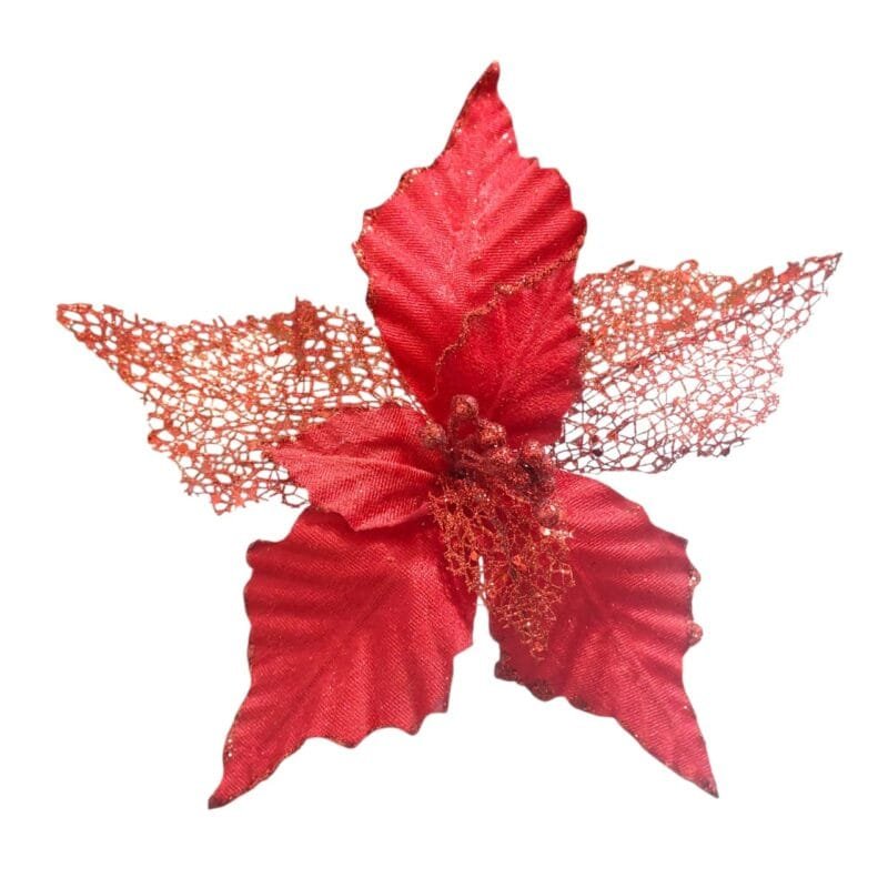 Flor de Natal Marsala em veludo e glitter para decoração de árvores, guirlandas e arranjos com acabamento sofisticado e brilho intenso.