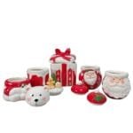 Coleção de potes natalinos de cerâmica nos modelos Presente, Gingerbread, Ursinho e Papai Noel, ideais para decorar e presentear no Natal.