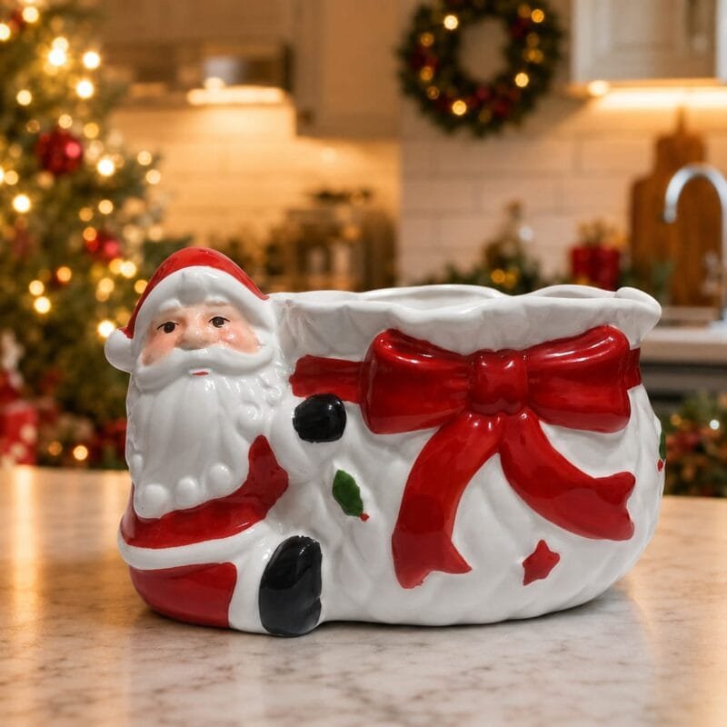 Doceira decorativa de Natal em cerâmica com Papai Noel abraçando o vaso, ideal para servir doces e decorar mesas natalinas.