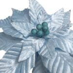 Detalhes das pétalas da Flor Poinsétia Azul, destacando sua textura e acabamento para decoração natalina.