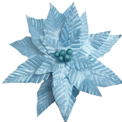 Flor Poinsétia Azul com haste para facilitar a aplicação em árvores de Natal, guirlandas e diferentes arranjos decorativos.