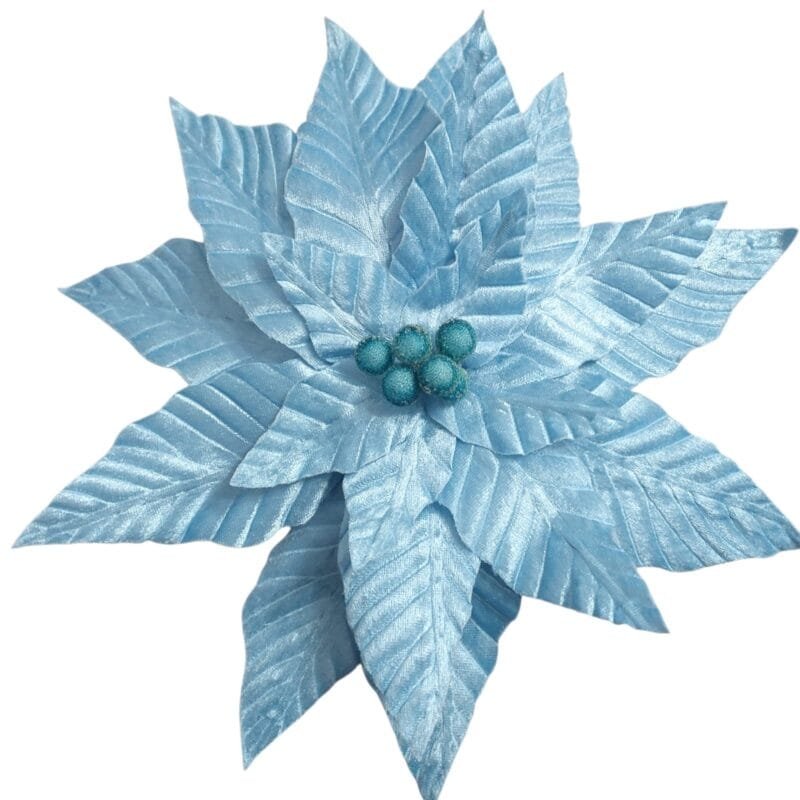 Flor Poinsétia Azul com haste para facilitar a aplicação em árvores de Natal, guirlandas e diferentes arranjos decorativos.