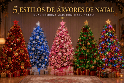 Capa natalina elegante com cinco árvores decoradas com LEDs vermelho, azul, rosa, verde e colorido, mostrando diferentes estilos de iluminação para inspirar uma decoração de Natal criativa, sofisticada e cheia de personalidade.