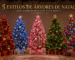 Capa natalina elegante com cinco árvores decoradas com LEDs vermelho, azul, rosa, verde e colorido, mostrando diferentes estilos de iluminação para inspirar uma decoração de Natal criativa, sofisticada e cheia de personalidade.