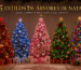 Capa natalina elegante com cinco árvores decoradas com LEDs vermelho, azul, rosa, verde e colorido, mostrando diferentes estilos de iluminação para inspirar uma decoração de Natal criativa, sofisticada e cheia de personalidade.