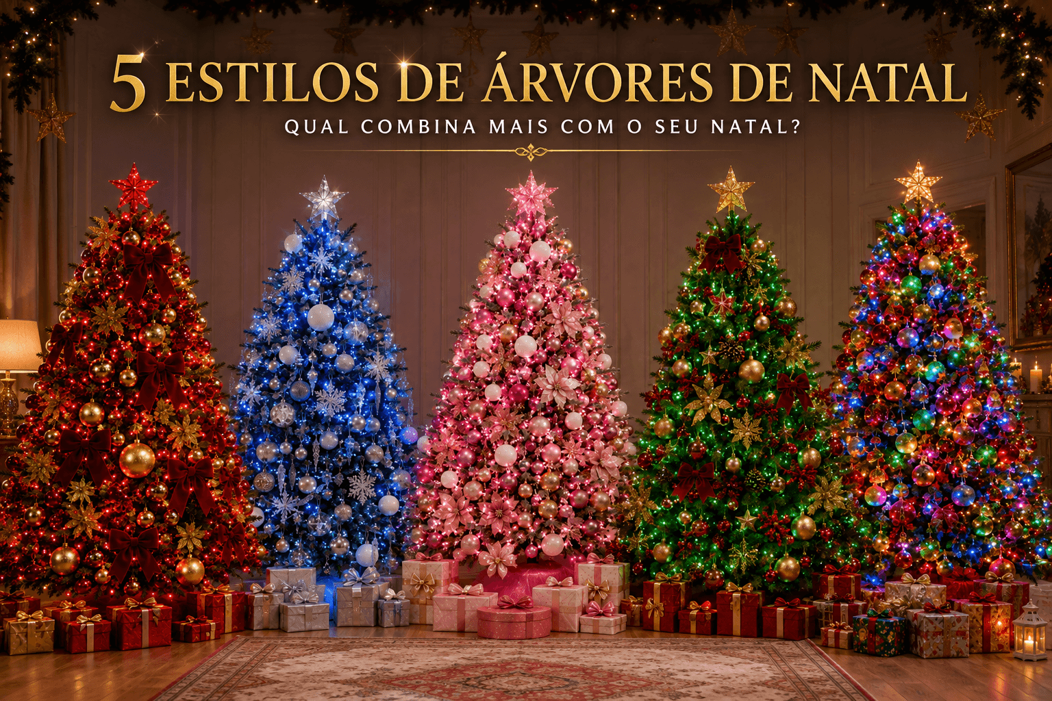 Capa natalina elegante com cinco árvores decoradas com LEDs vermelho, azul, rosa, verde e colorido, mostrando diferentes estilos de iluminação para inspirar uma decoração de Natal criativa, sofisticada e cheia de personalidade.