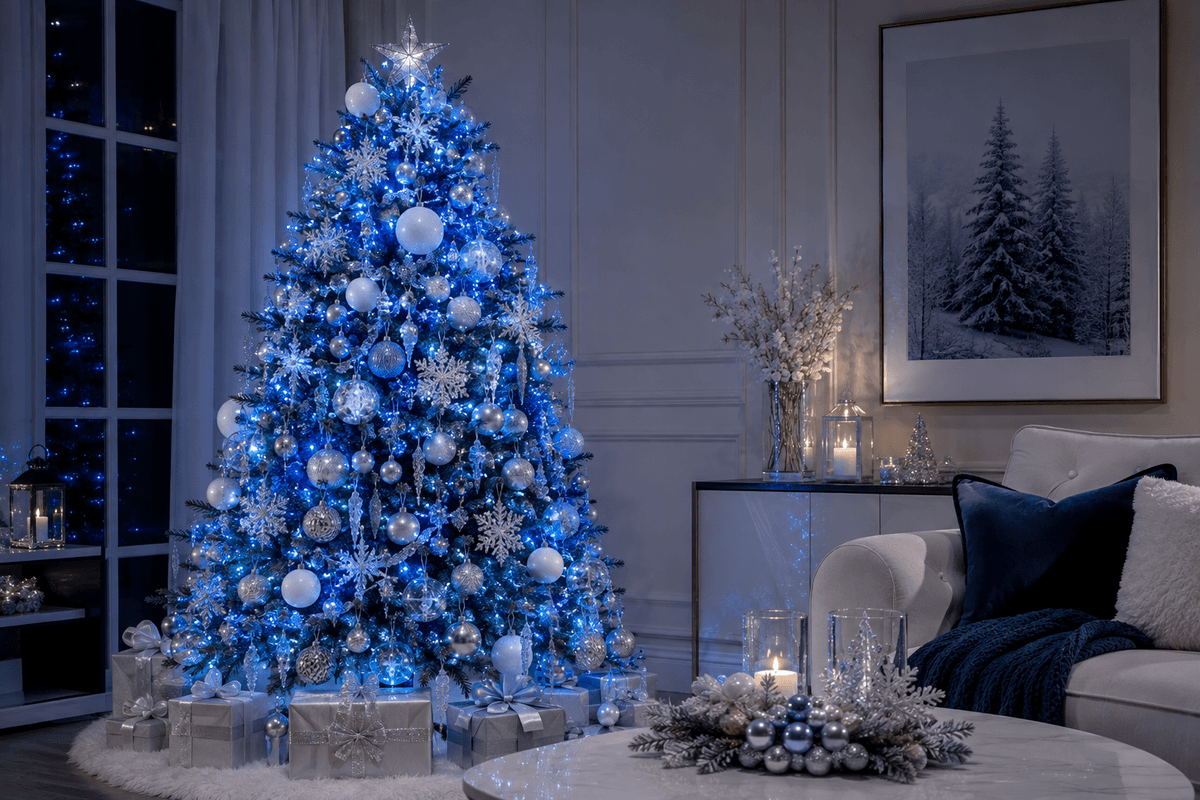 Árvore de Natal moderna iluminada com LEDs azuis, decorada com bolas brancas e prateadas, cristais e estrelas criando um clima de inverno.