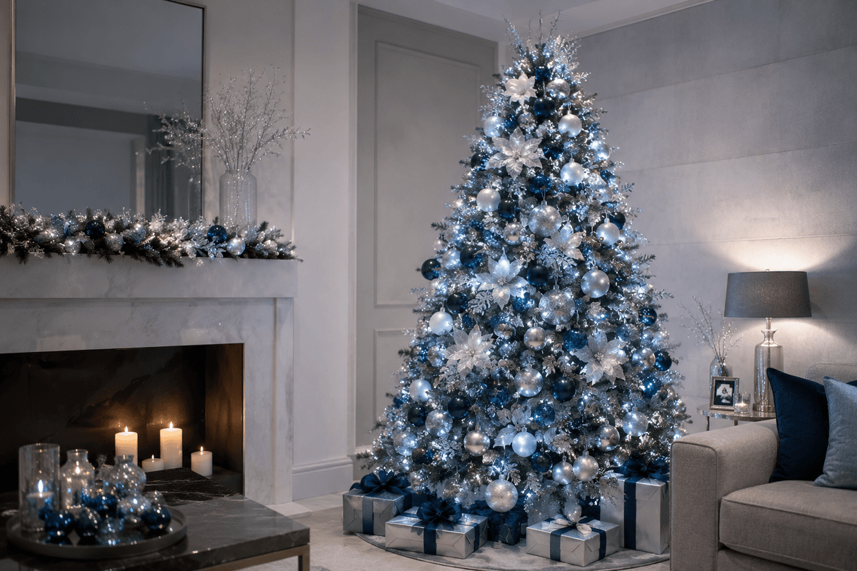 Árvore de Natal moderna decorada com enfeites prateados, brancos e azuis, iluminada com LED branco frio em um ambiente sofisticado.