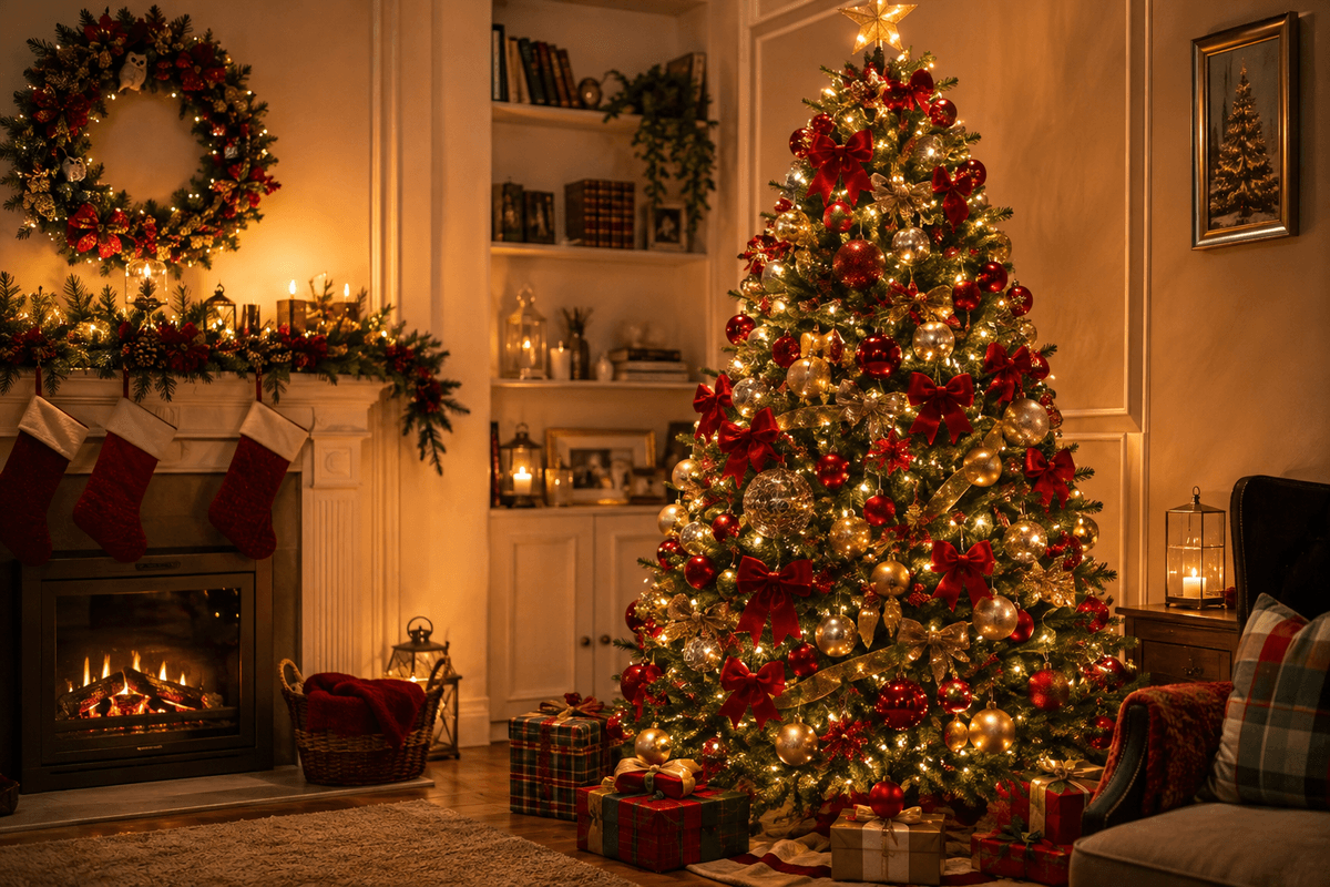 Árvore de Natal tradicional decorada com bolas vermelhas e douradas, laços elegantes e iluminação LED branco quente criando uma atmosfera acolhedora.