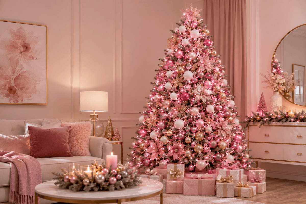 Árvore de Natal contemporânea iluminada com LEDs rosa, decorada com bolas pink, rosa-claro, douradas e brancas em uma composição delicada e sofisticada.