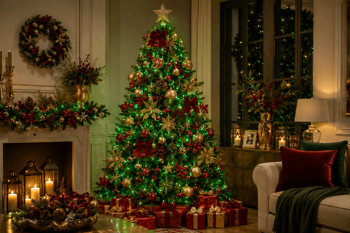 Árvore de Natal elegante iluminada exclusivamente com LEDs verdes, combinada com enfeites dourados, vermelhos e elementos naturais.