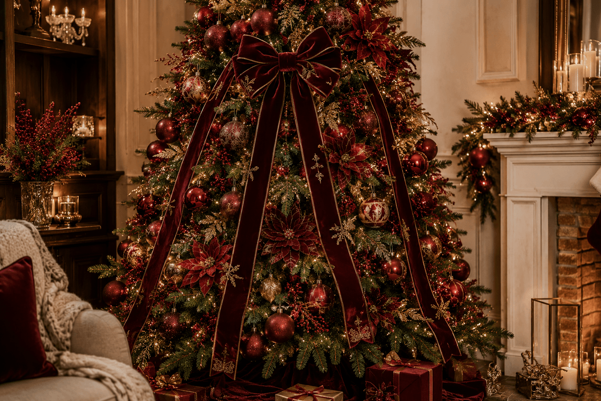 Árvore de Natal verde e volumosa com um grande laço central de veludo vinho, longas fitas de veludo descendo pelos galhos, bolas vermelhas e marsala, flores natalinas e pequenos detalhes dourados.