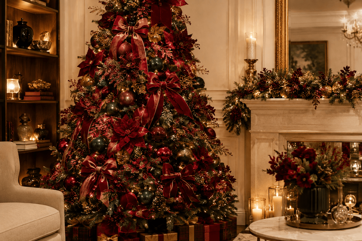 Árvore de Natal exuberante e sofisticada, decorada com grandes laços de veludo vermelho, vinho e marsala, fitas largas, flores natalinas, bolas em tons profundos, pinhas, folhagens verde-pinho e iluminação quente.