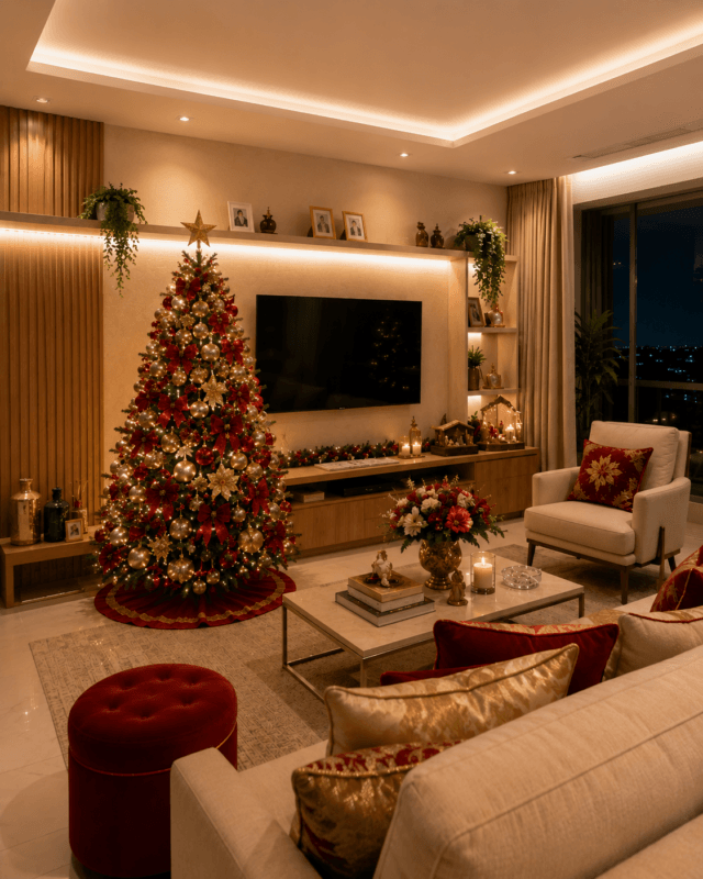 Sala residencial moderna com árvore de Natal tradicional de 1,80 metro, copa volumosa, muitos enfeites, laços, flores e iluminação branco quente, proporção equilibrada com os móveis.