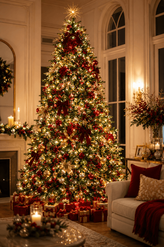 Árvore de Natal de 3 metros, muito alta e volumosa, completamente iluminada com grande quantidade de LEDs brancos quentes distribuídos profundamente entre os galhos, decoração sofisticada e realista.