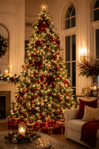 Árvore de Natal grande e elegante, com iluminação LED abundante e uniforme, mostrando diferentes pontos de luz entre os galhos, decoração natalina sofisticada