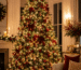 Árvore de Natal grande e elegante, com iluminação LED abundante e uniforme, mostrando diferentes pontos de luz entre os galhos, decoração natalina sofisticada