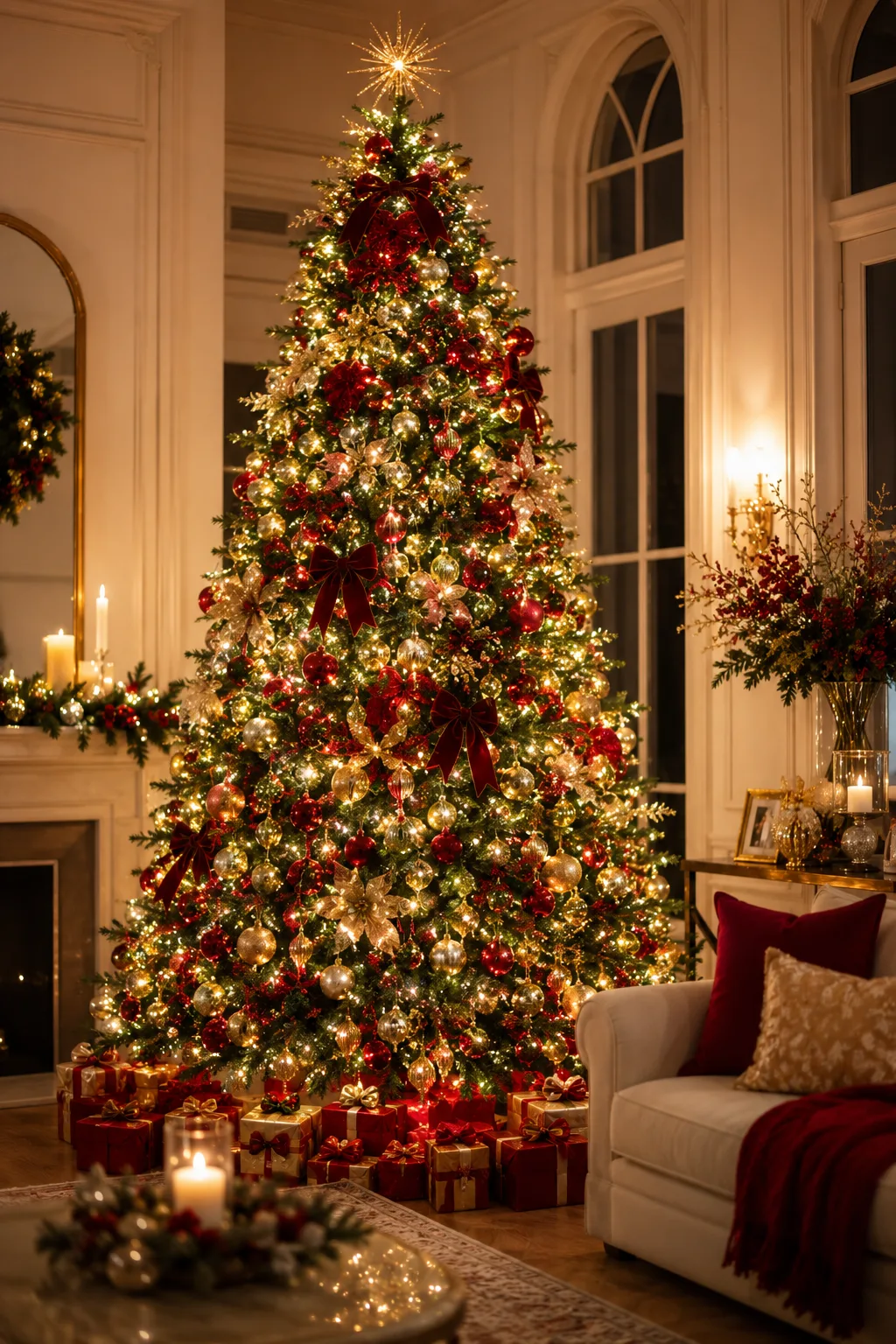 Árvore de Natal grande e elegante, com iluminação LED abundante e uniforme, mostrando diferentes pontos de luz entre os galhos, decoração natalina sofisticada