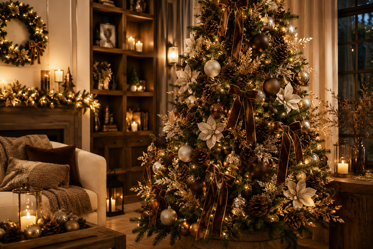 Árvore de Natal sofisticada decorada com bolas em marrom chocolate e champanhe, laços de veludo, flores natalinas, pinhas, galhos naturais e iluminação quente. Ambiente elegante e aconchegante