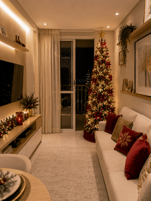 Sala de apartamento compacto com árvore de Natal slim de 1,80 metro, formato estreito e elegante, decoração sofisticada, posicionada em um canto próximo à janela, preservando a área de circulação.
