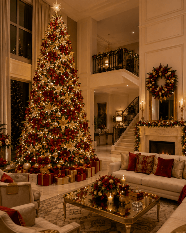 Grande sala com pé-direito alto e árvore de Natal de aproximadamente 2,70 metros, decoração abundante em vermelho e dourado, iluminação intensa, presentes ao redor e composição natalina luxuosa.