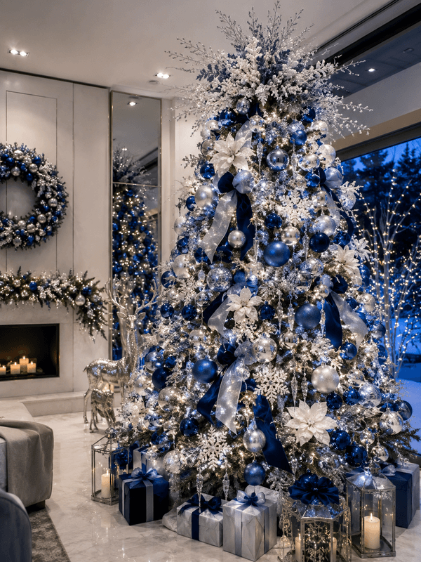Árvore de Natal elegante decorada em azul, prata e branco, bolas metalizadas, laços sofisticados, detalhes cristalinos e iluminação branca, ambiente contemporâneo com atmosfera de inverno.