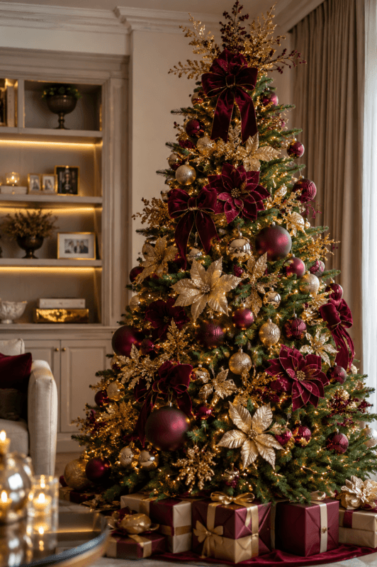 Árvore de Natal sofisticada decorada com bolas burgundy, laços de veludo, flores natalinas, detalhes em dourado fosco e iluminação quente, em uma sala elegante.