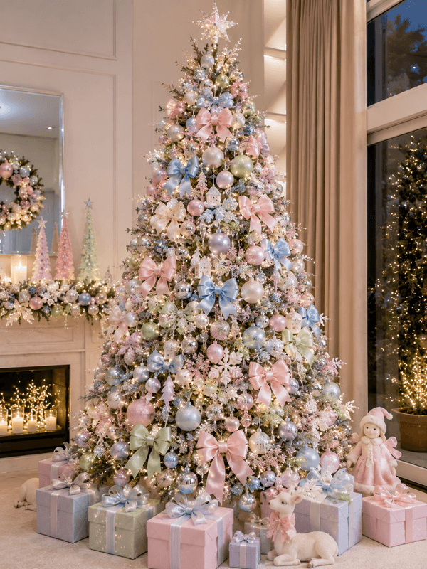 Árvore de Natal delicada decorada com azul-claro, rosa-claro, verde-claro e lilás, enfeites pastel, laços delicados, detalhes brancos e prateados, ambiente alegre, moderno e sofisticado.