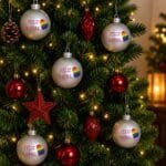 Kit com seis bolas de Natal decorativas de 8 cm na cor prata fosca, com estampa exclusiva Feliz Natal e coração LGBTQIAPN+, ideal para árvores de Natal modernas e inclusivas.