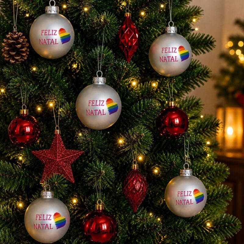 Kit com seis bolas de Natal decorativas de 8 cm na cor prata fosca, com estampa exclusiva Feliz Natal e coração LGBTQIAPN+, ideal para árvores de Natal modernas e inclusivas.