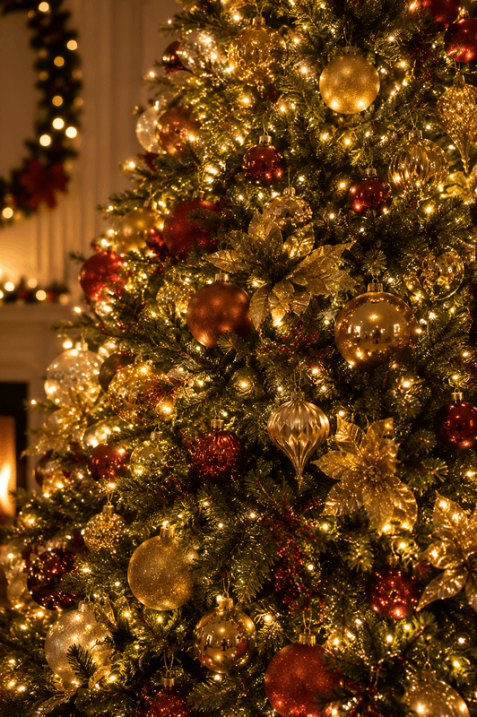 Close de uma árvore de Natal mostrando LEDs distribuídos tanto no interior quanto na parte externa dos galhos, criando profundidade e iluminação uniforme, decoração elegante, fotografia profissional.