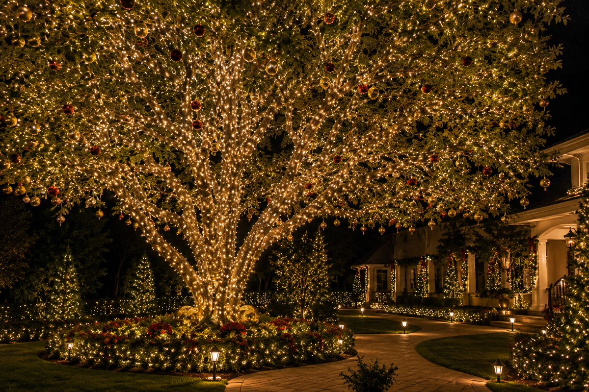 Grande árvore de jardim iluminada com centenas de micro LEDs branco quente distribuídos entre os galhos, decoração natalina sofisticada com detalhes dourados e vermelhos, ambiente externo elegante.
