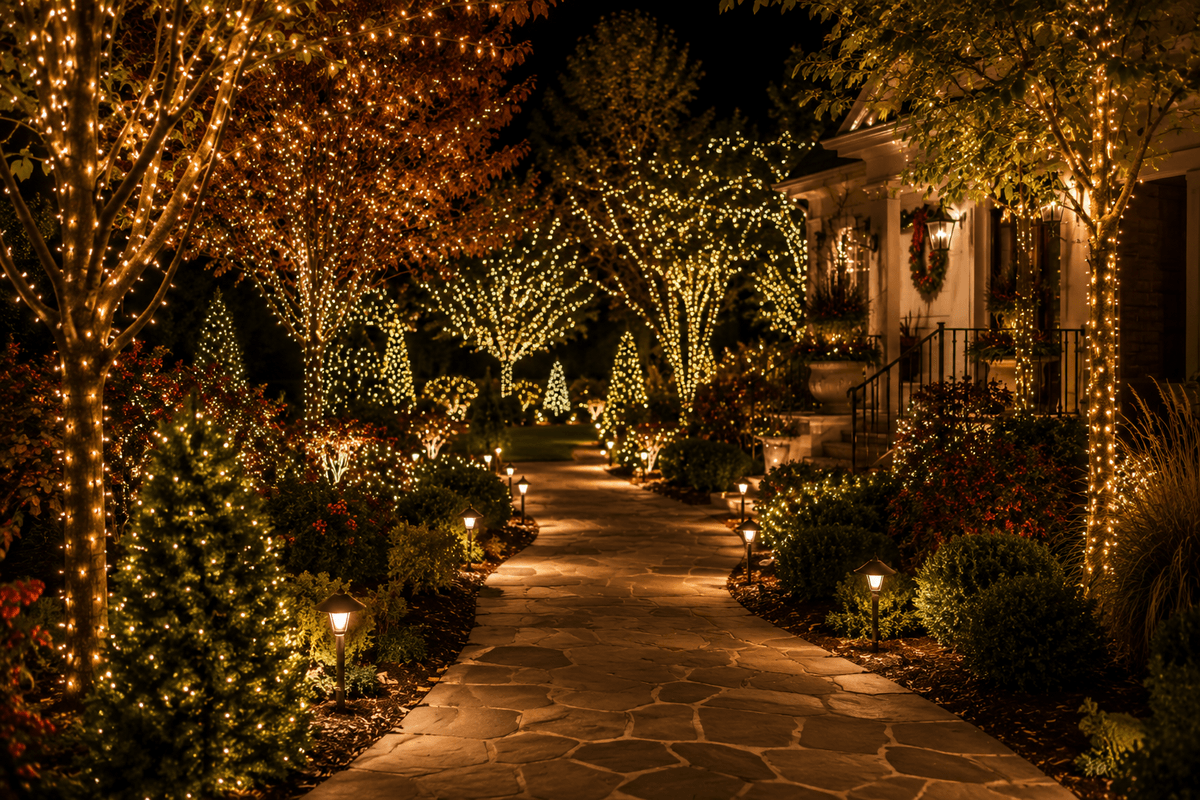 Caminho de jardim durante a noite decorado com pequenas estacas luminosas, árvores e arbustos iluminados ao redor, decoração de Natal elegante, acolhedora e sofisticada