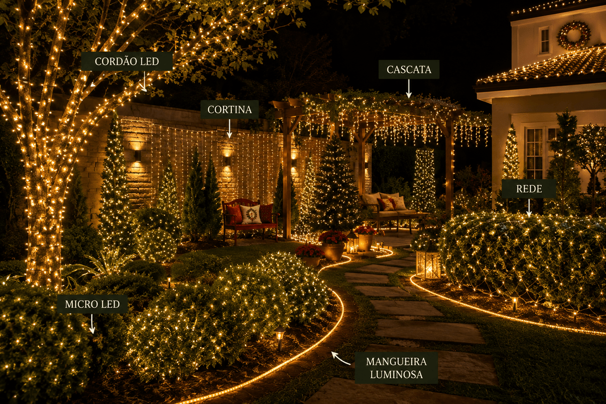 Jardim natalino mostrando diferentes aplicações de cordão LED, micro LED, rede, cascata, cortina e mangueira luminosa em árvores, arbustos, muro e pergolado, composição elegante e realista.