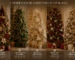 Imagem horizontal mostrando cinco árvores de Natal decoradas, cada uma representando uma tendência de cores: burgundy e dourado, verde-floresta e madeira, branco e champagne, vermelho e dourado em estilo tradicional e neutro e minimalista. As árvores aparecem em ambientes elegantes, com iluminação quente, enfeites sofisticados, laços, flores, elementos naturais e presentes decorados.
