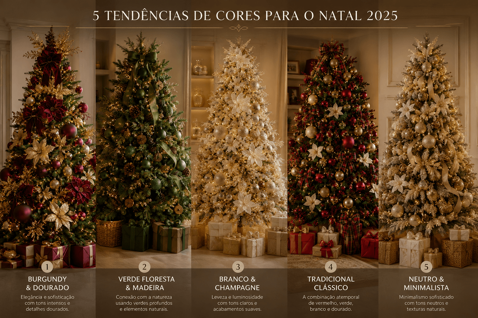 Imagem horizontal mostrando cinco árvores de Natal decoradas, cada uma representando uma tendência de cores: burgundy e dourado, verde-floresta e madeira, branco e champagne, vermelho e dourado em estilo tradicional e neutro e minimalista. As árvores aparecem em ambientes elegantes, com iluminação quente, enfeites sofisticados, laços, flores, elementos naturais e presentes decorados.