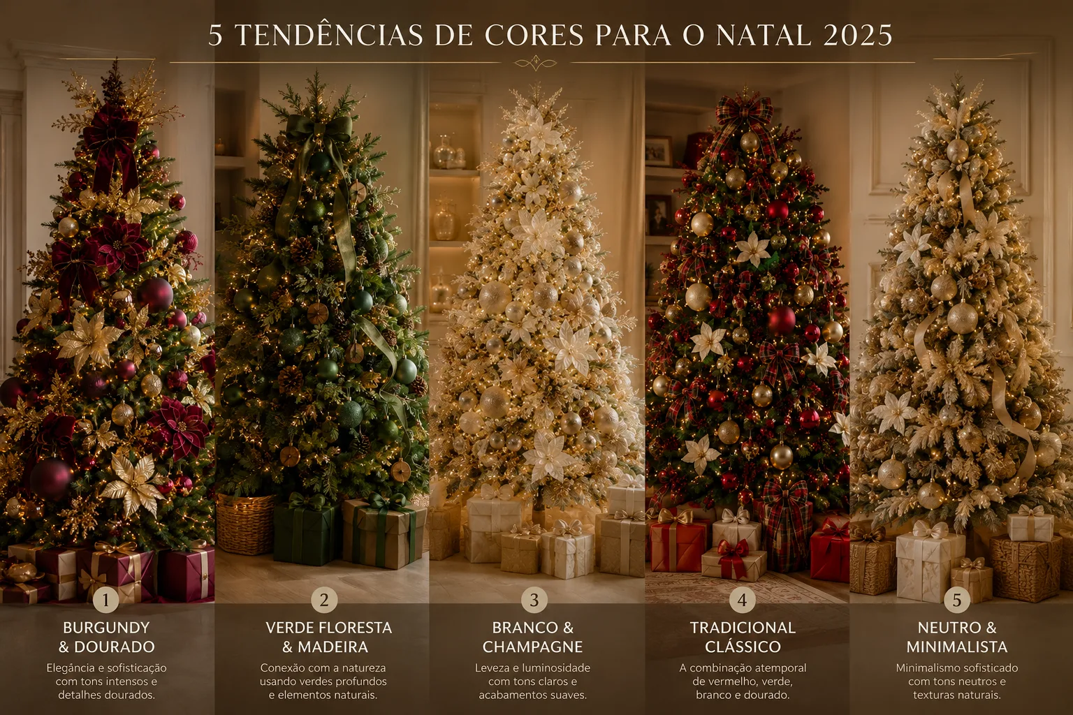 Imagem horizontal mostrando cinco árvores de Natal decoradas, cada uma representando uma tendência de cores: burgundy e dourado, verde-floresta e madeira, branco e champagne, vermelho e dourado em estilo tradicional e neutro e minimalista. As árvores aparecem em ambientes elegantes, com iluminação quente, enfeites sofisticados, laços, flores, elementos naturais e presentes decorados.