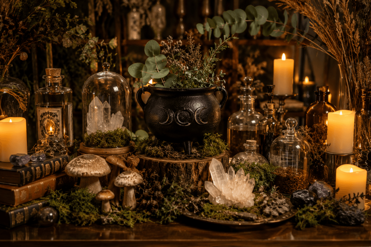 Mesa decorativa com caldeirão, musgos, eucaliptos, cogumelos, cristais, frascos de vidro e velas LED em composição elegante e natural.