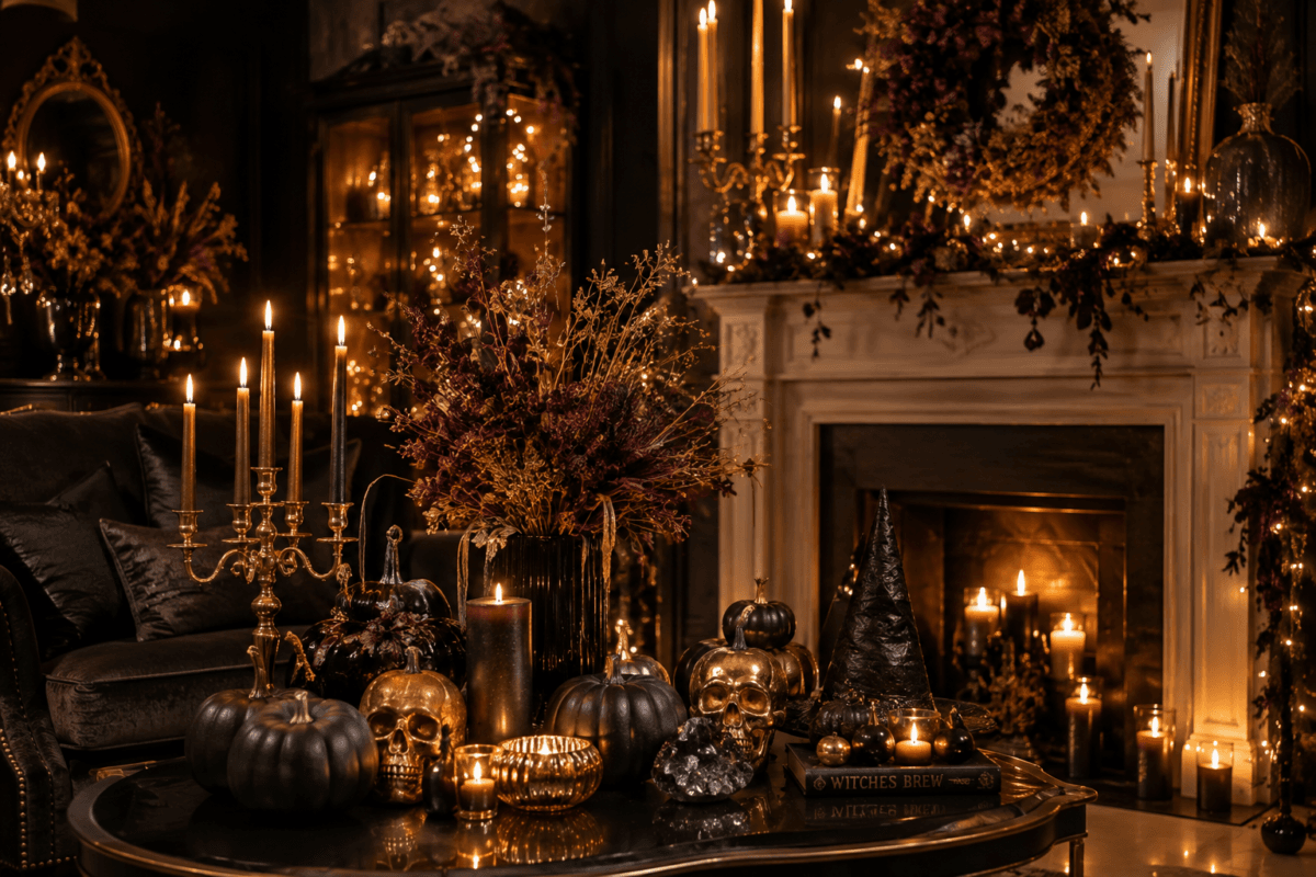 Sala sofisticada decorada para o Halloween com velas, candelabros dourados, abóboras pretas, flores secas, cristais escuros e iluminação quente em estilo Pinterest.